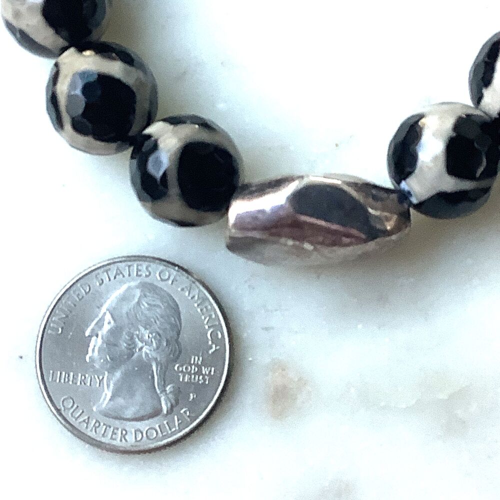 Sterling Giraffe Agate Earrings Stretch Bracelet 925 Silver Black White Stones - Picture 9 of 13